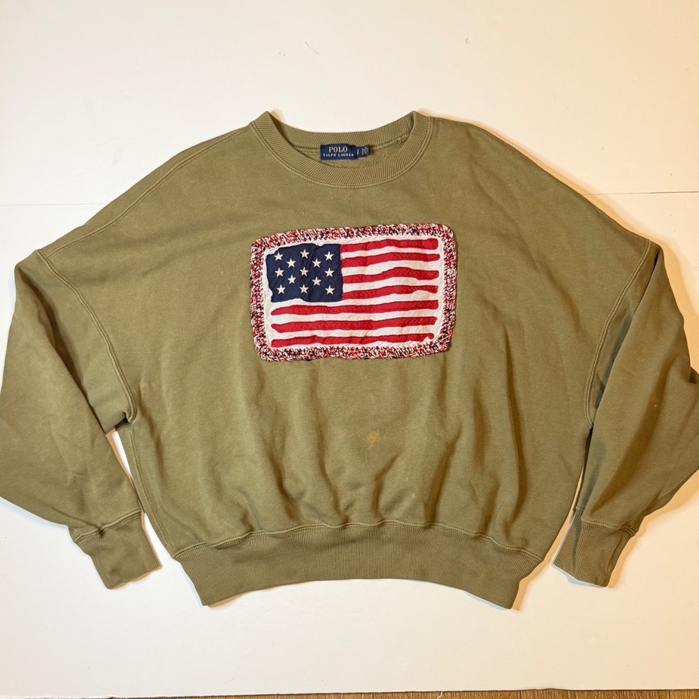 Polo Ralph Lauren American Flag Sweatshirt Womens Small Green Patch